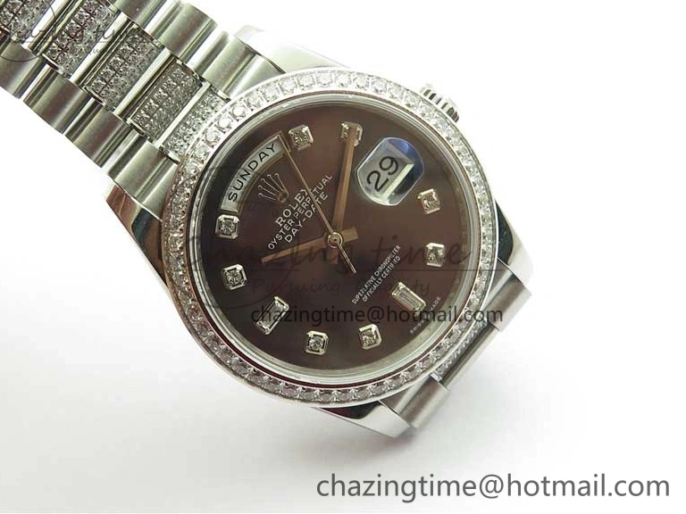 0517 SmoothTexture Day-Date 36mm 128239 SS Crystal BP Best Edition Black MOP Crystal Marker Dial on SS President Bracelet A 2681